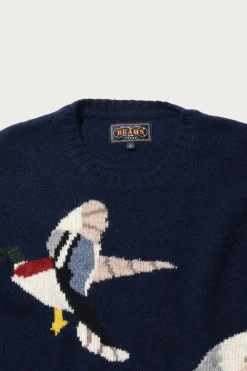 Beams Plus Crew Intarsia Duck Pattern - Navy< Sweaters