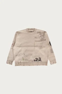 Kapital 5G Cotton Knit Crew Sweater (Memorial Paint Model) - Natural< Sweaters