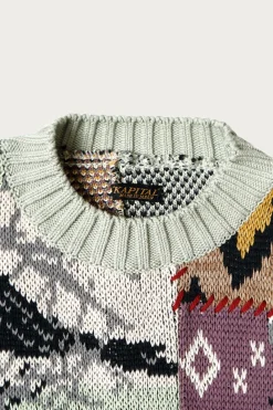 Kapital 5G Cotton Knit Patchwork BIG Crew Sweater(Cat&Raven) - Mint< Sweaters
