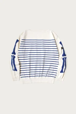 Kapital 12G Panel Stripe Knit Boat-Neck Sweater (BONE Sleeve) - Navy Blue< Sweaters