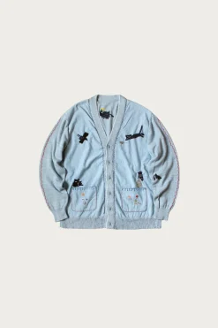 Kapital Knit x Chambray Cardigan (Raven & Cat Embroidery) - Sax< Sweaters