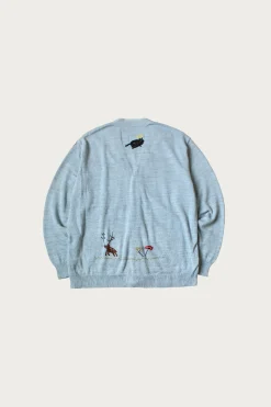 Kapital Knit x Chambray Cardigan (Raven & Cat Embroidery) - Sax< Sweaters
