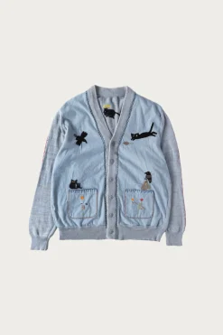 Kapital Knit x Chambray Cardigan (Raven & Cat Embroidery) - Sax< Sweaters
