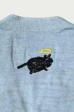 Kapital Knit x Chambray Cardigan (Raven & Cat Embroidery) - Sax< Sweaters