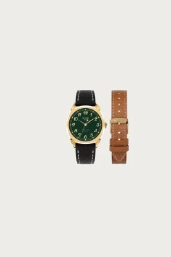 Kuoe Watches Royal Smith 90-008 - Green Dial/Gold Case/Black Pebbled Leather Strap + Extra Brown Strap< Accessories