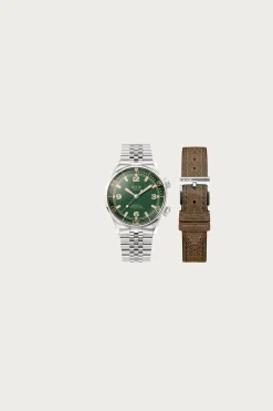 Kuoe Watches Sombrero 90-011 - Green Linen Textured Dial/Stainless Bracelet + Extra Leather Strap< Accessories